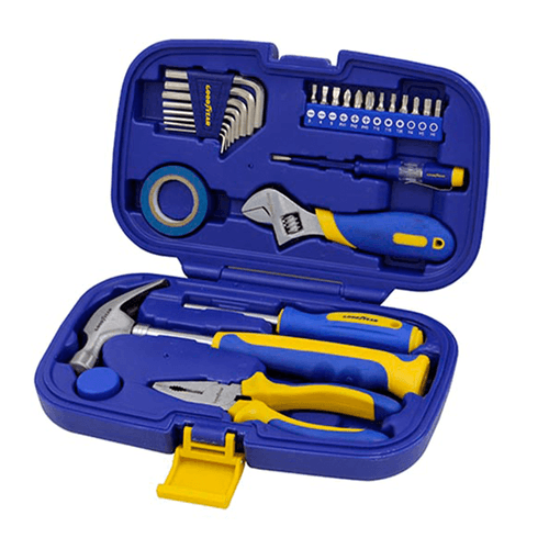 Kit de herramientas marca Goodyear, 28 piezas de hierro, con mango ergonómico de plástico color azul