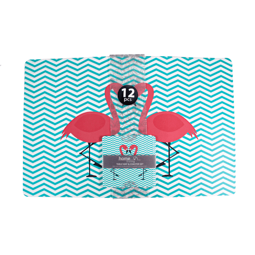 Set de individuales y posavasos, marca Home Living, 12 piezas con diseño de flamingo