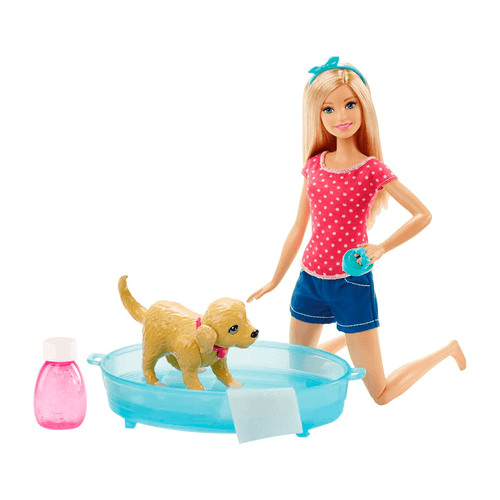 Barbie cachorro, espléndido chapoteo, muñeca de plástico con mascota y accesorios, para niñas mayores de 3 años