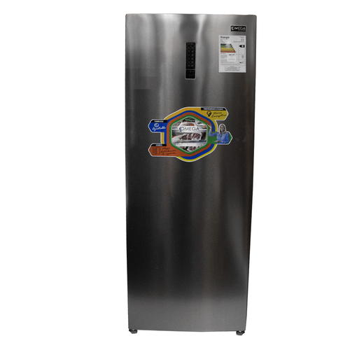 Congelador dual, marca Omega, modelo OCV-232SL, refrigerador vertical, puerta izquierda, 110 V, color gris