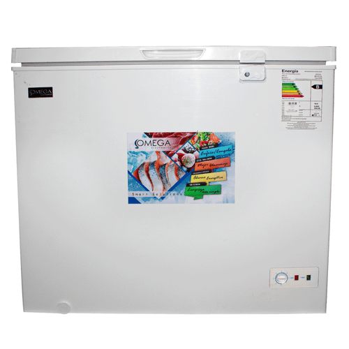 Congelador dual, marca Omega, modelo OCH-220W, refrigerador vertical, puerta izquierda, 110 V, color blanco
