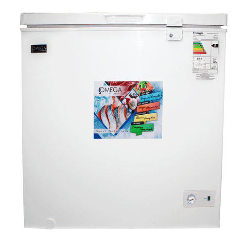 Congelador dual, marca Omega, modelo OCH-170W, refrigerador vertical, puerta izquierda, 110 V, color blanco