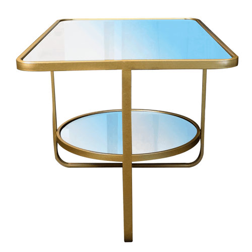 Mesa de centro con diseño moderno, 100% vidrio templado y metal, color azul y dorado