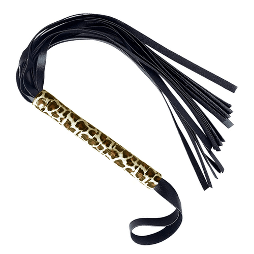 Látigo animal print, 30 cm con flecos de cuero, color negro brillante