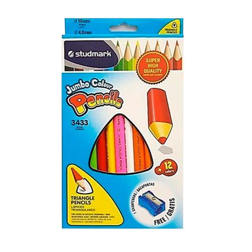 Colores jumbo, marca Studmark, set de 12 lápices de color con cuerpo de madera y mina de 5 mm
