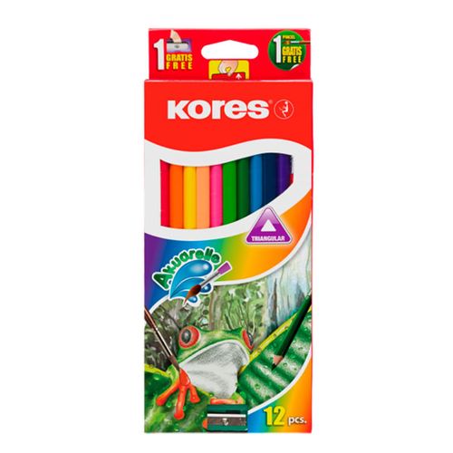 Colores acuarela, marca Kores, set de 12 lápices con pincel y sacapuntas