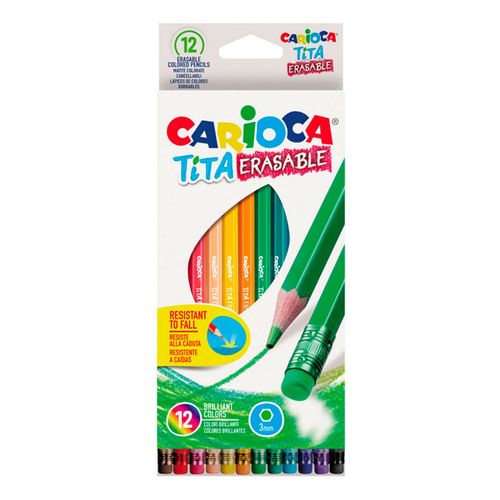 Colores borrables, marca Carioca, set de 12 lápices de color, con cuerpo de madera, 4 mm