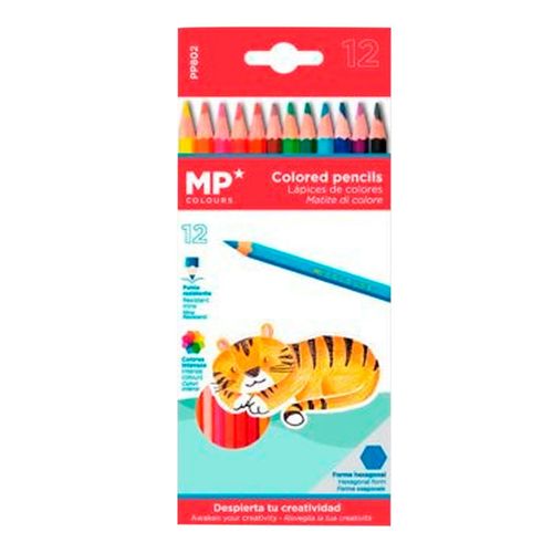 Colores marca MP, set de 12 lápices de color, forma hexagonales, 4 mm