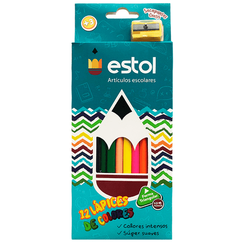 Colores marca Estol, set de 12 lápices de color con cuerpo de madera en forma triangular, 3 mm