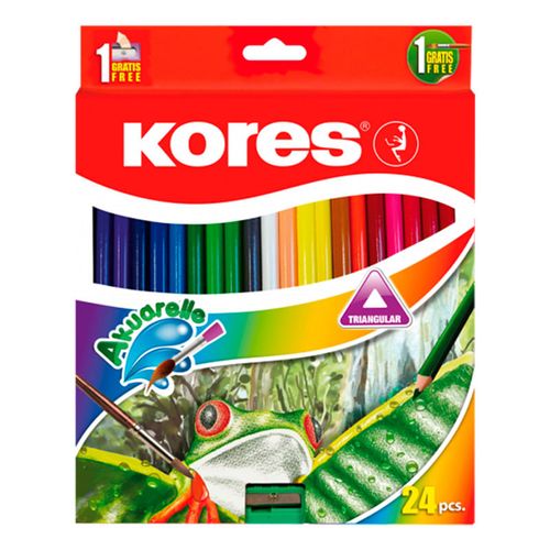 Colores de acuarela, marca Kores, set de 24 lápices de color a base de agua, forma triangular, 4 mm