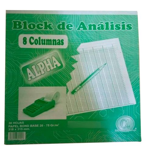 Block de análisis marca Alpha, cuaderno de contabilidad, 30 hojas de papel bond, dividido por 8 columnas c/u