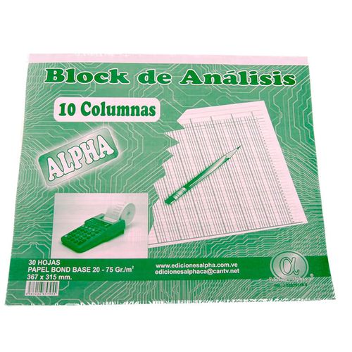 Block de análisis marca Alpha, cuaderno de contabilidad, 30 hojas de papael bond, dividido por 10 columnas c/u