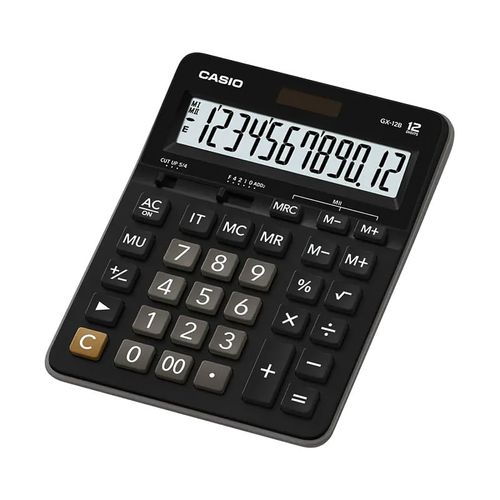 Calculadora Casio tipo escritorio, de 12 dígitos con memoria independiente, energía solar y batería, color negra