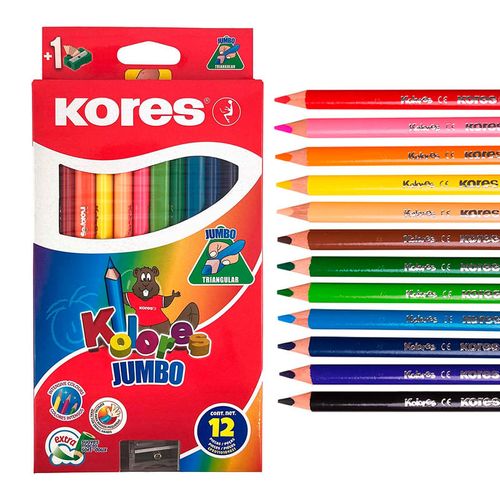 Lápices de colores Jumbo, marca Kores, set de 12 lápices ergonomicos, pigmentos sin agentes toxicos, colores brillantes