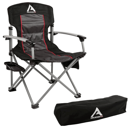 Silla para camping marca ARB, con portavasos, negra, de nylon y aluiminio.