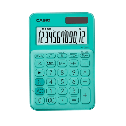 Calculadora Casio tipo sobremesa pequeña, de 12 dígitos con memoria independiente, dual energía, azul