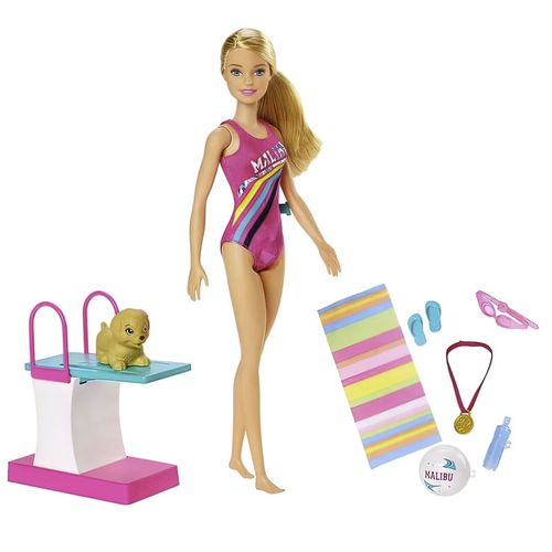 Barbie nadadora DreamHouse, marca Mattel, muñeca de plástico con accesorios y mascota, para niñas mayores de 3 años