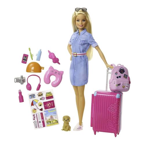 Barbie vamos de viaje, marca Mattel, muñeca de plástico con accesorios y mascota, para niñas mayores de 3 años