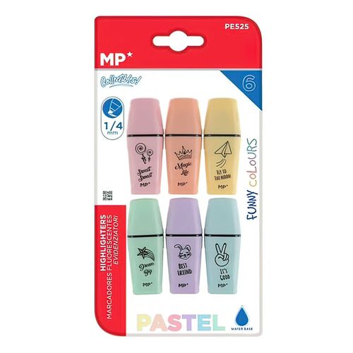 Resaltadores mini marca MP, set de 6 colores pasteles, punta biselada