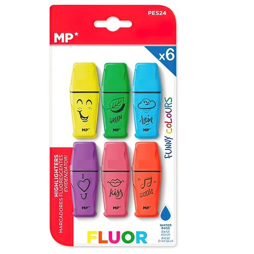 Set de 6 mini resaltadores, marca MP, colores fluorescentes, punta biselada, a base de agua
