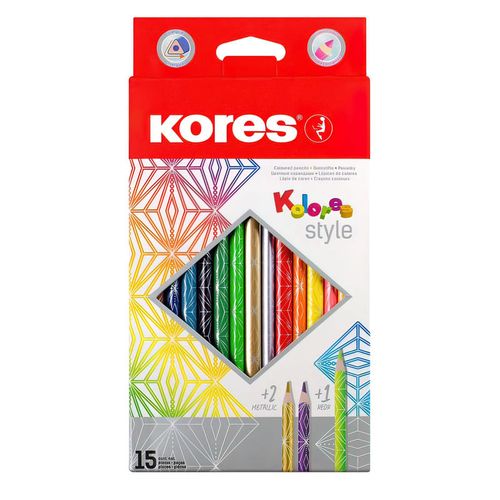Lápices de colores Style, marca Kores, set de 15 lápices ergonomicos, pigmentos sin agentes toxicos, colores brillantes