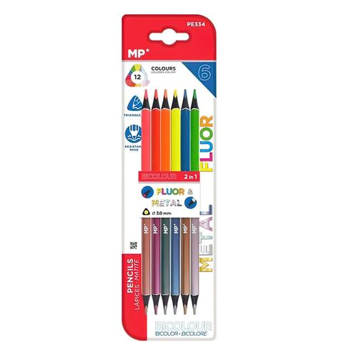 Colores bicolor marca MP, fluorescentes metalizados, 6 lápices (12 colores). 16 cm