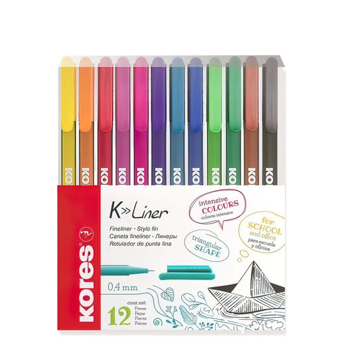 Marcadores marca Kores, modelo K-Liner, set 12 colores intensos.