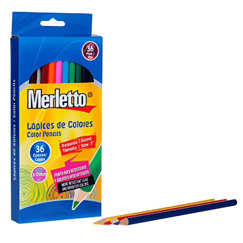 Lápices de colores, marca Merletto, set de 36 lápices ergonomicos, pigmentos sin agentes toxicos, colores brillantes