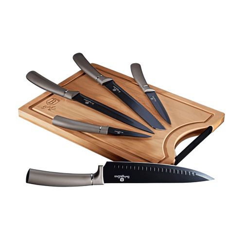 Set de cuchillos con tabla para picar marca Berlinger Haus, 7 piezas, acero inoxidable, color plateado