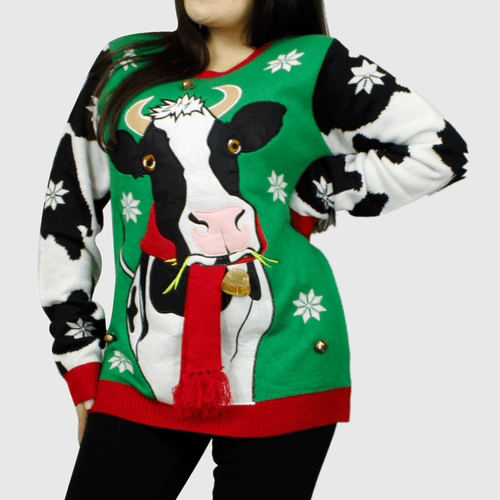 Suéter tejido navideño, marca Jolly Sweaters, 100% lana suave, modelo casual con estampado de vaca, para dama