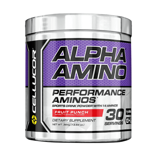 Alpha Amino, Suplemento en polvo para recuperación muscular y resistencia, marca Cellucor, con BCAA y aminoácidos,  481 g sabor fruit ponch