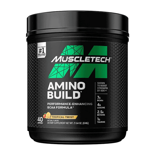 Amino Build, Suplemento en polvo para recuperación muscular y resistencia, marca Muscletech, con BCAA y aminoácidos, de 614 g sabor tropical wish