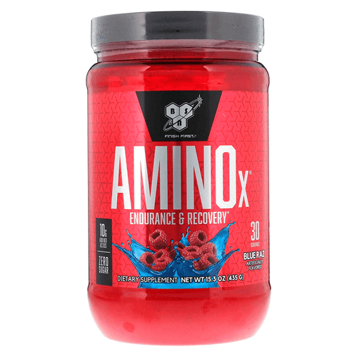 Amino X, Suplemento en polvo para recuperación muscular y resistencia, marca BSN, con BCAA, merengada de 435 g sabor frambuesa azul, sin cafeína