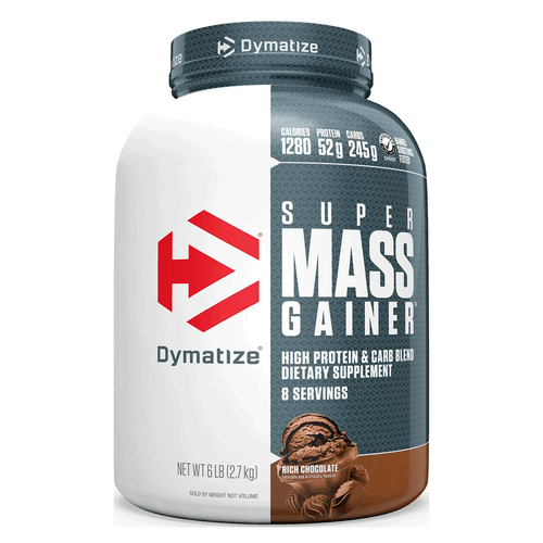 Polvo de proteína Super Mass Gainer, marca Dymatize, sabor chocolate, 2.7k