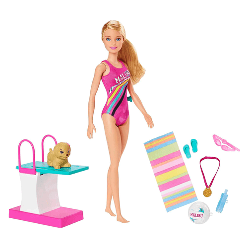 Muñeca Barbie nadadora Dream House, marca Mattel, con mascota y accesorios temáticos, juguete coleccionable