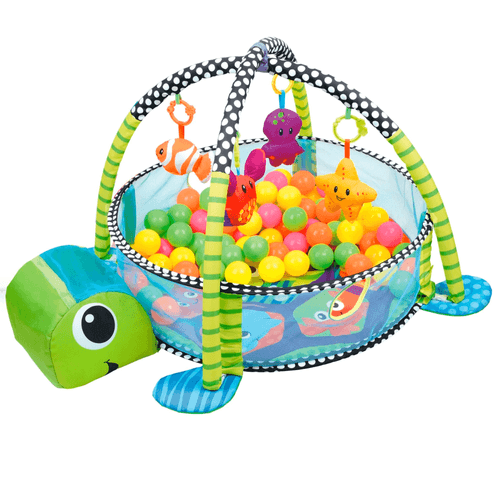 Gimnasio, alfombra didáctica de tortuga, marca Bebecitos, multicolor, juguete para bebes que se transforma en una piscina con cascabeles móviles