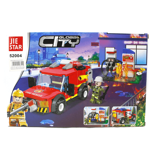 Lego armable de carro bombero, marca Jie Star coleccion Global City, juego didáctico con 199 piezas multicolores de plástico