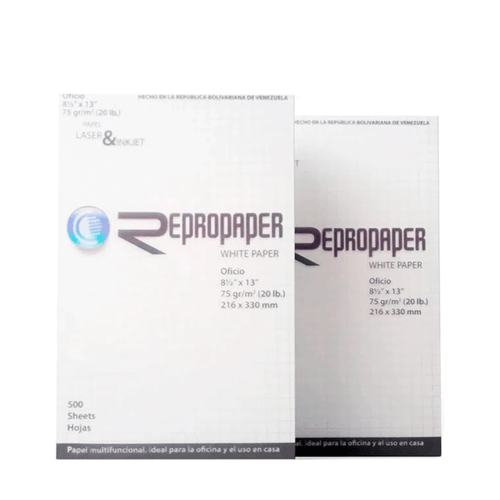 Resma de papel tamaño oficio marca Repropaper, 500 hojas de papel bond blanco