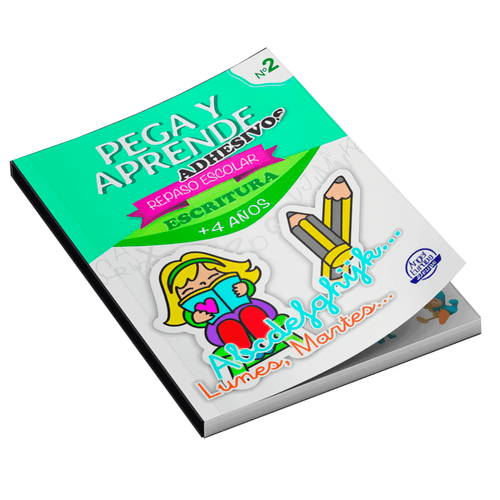 Libro pega y aprende, tomo de escritura, editorial Angel Europa, con pegatinas, para niños de 3 años