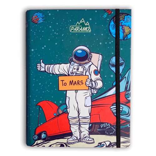 Agenda permanente, marca Paramo, color azul oscuro, cuaderno de notas con diseño de astronauta