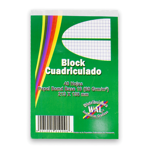 Block Cuadriculado, marca Wal, cuaderno de 40 hojas de papel bond para anotaciones