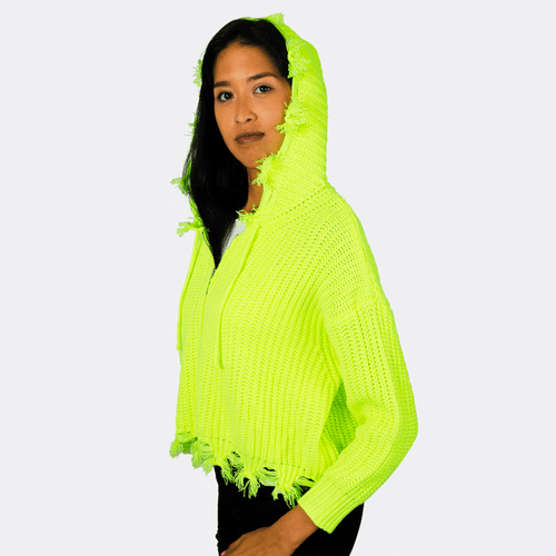 Suéter tejido con capucha, marca Thinkable, 100% lana suave, modelo casual de dama, color verde neon