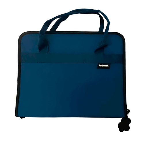 Portafolio tamaño oficio marca Topdrawer, con asa, cierre y compartimientos, color azul