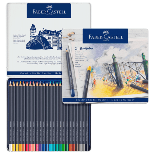 Colores profesionales marca Faber-Castel, set de 24 lápices de acuarela en estuche metálico