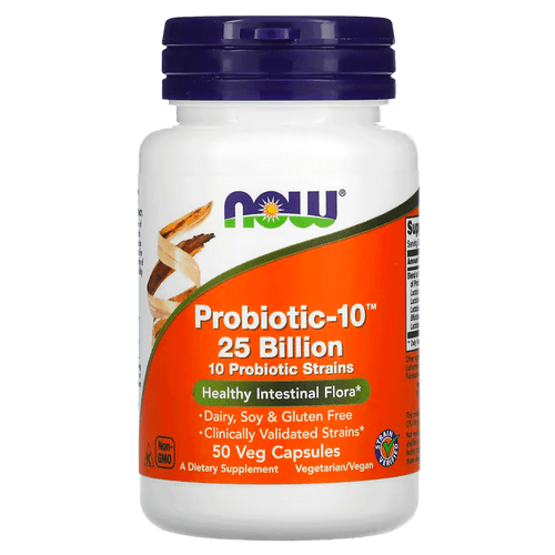 Probiotic-10 50 cápsulas cepas prebióticas marca Now mejorar la digestión