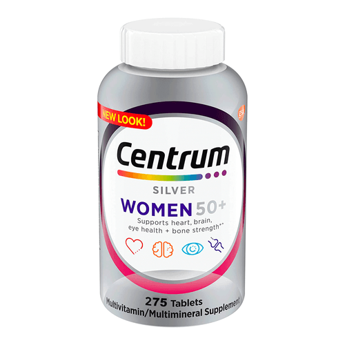 Multivitamínico Centrum Silver Women 50+ para mujeres, suplemento multimineral con vitaminas A, C, D3, E, K, sin gluten ni OMG, 275 cápsulas