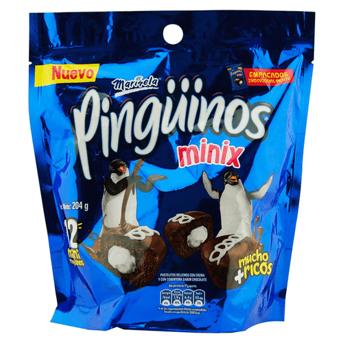 Pingüinitos minix Marinela, 12 unid, 240 gr, pastelitos rellenos de crema sabor chocolate