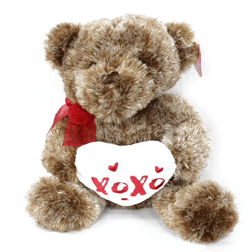 Peluche con almohada de corazón, marca Xoxo, 9”, 100% poliéster hipo alergénico, color marrón
