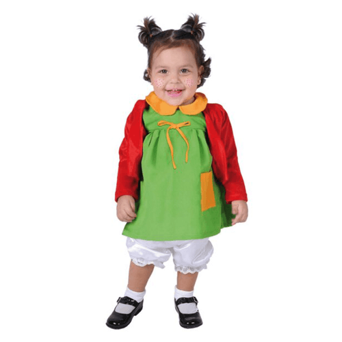 Disfraz de la chilindrina bebe, marca Carnavalito, traje 100% poliéster de color verde y rojo