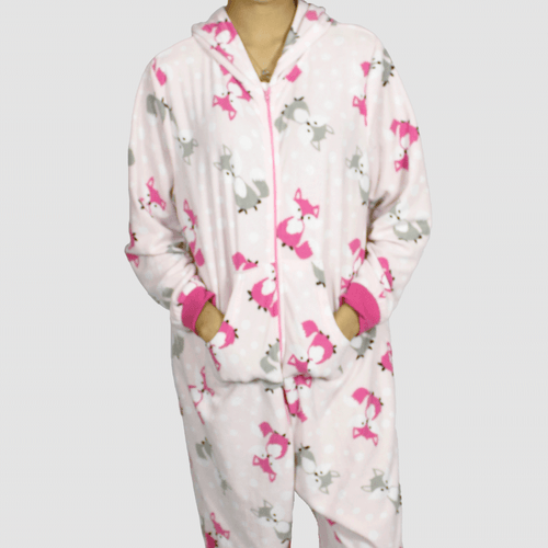 Pijama enteriza de zorro con capucha, marca Global, 100% manto polarizado estampado para dama